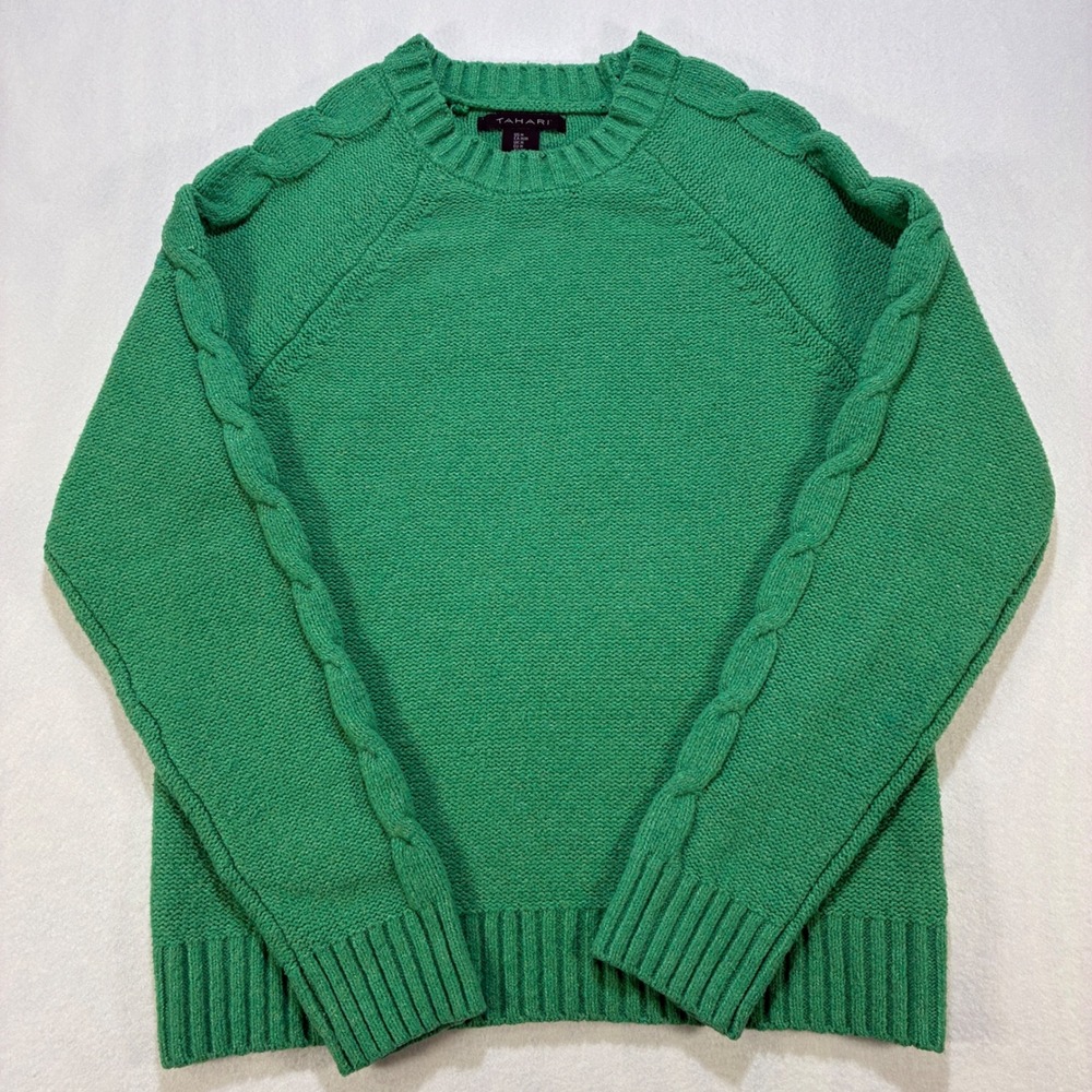 Tahari Cable Knit Raglan Sleeve Crewneck Sweater Women Medium Green Pullover